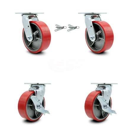 Service Caster 6 Inch Red Poly on Steel Caster Set with Roller Bearings 2 Swivel Lock 2 Brake SCC-30CS620-PUR-RS-BSL-2-TLB-2